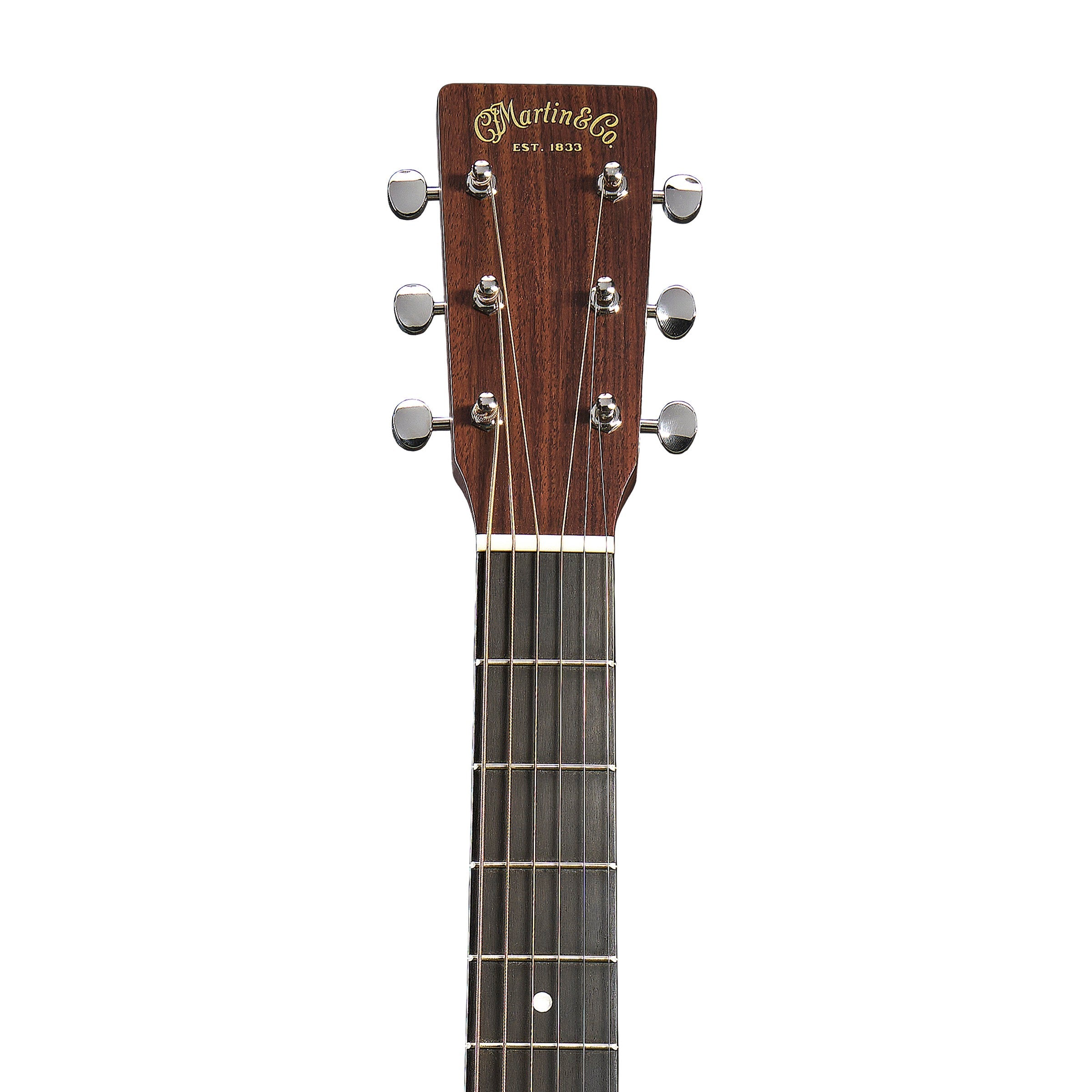 Martin 00-10E Joe Bonamassa Signature headstock with the Martin logo and six nickel tuners