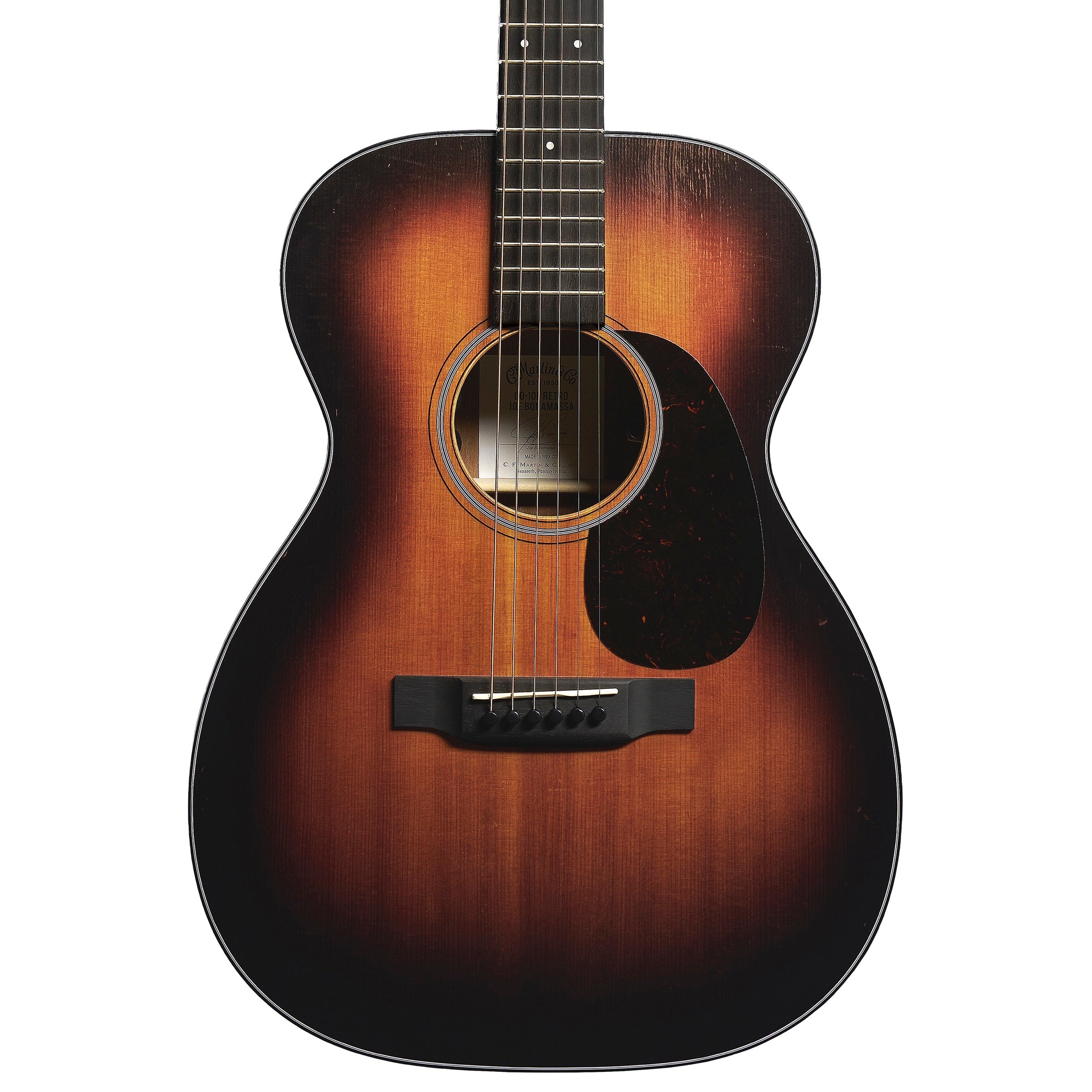 Martin 00-10E Joe Bonamassa Signature body close up, spruce burst top with the soundhole and bridge