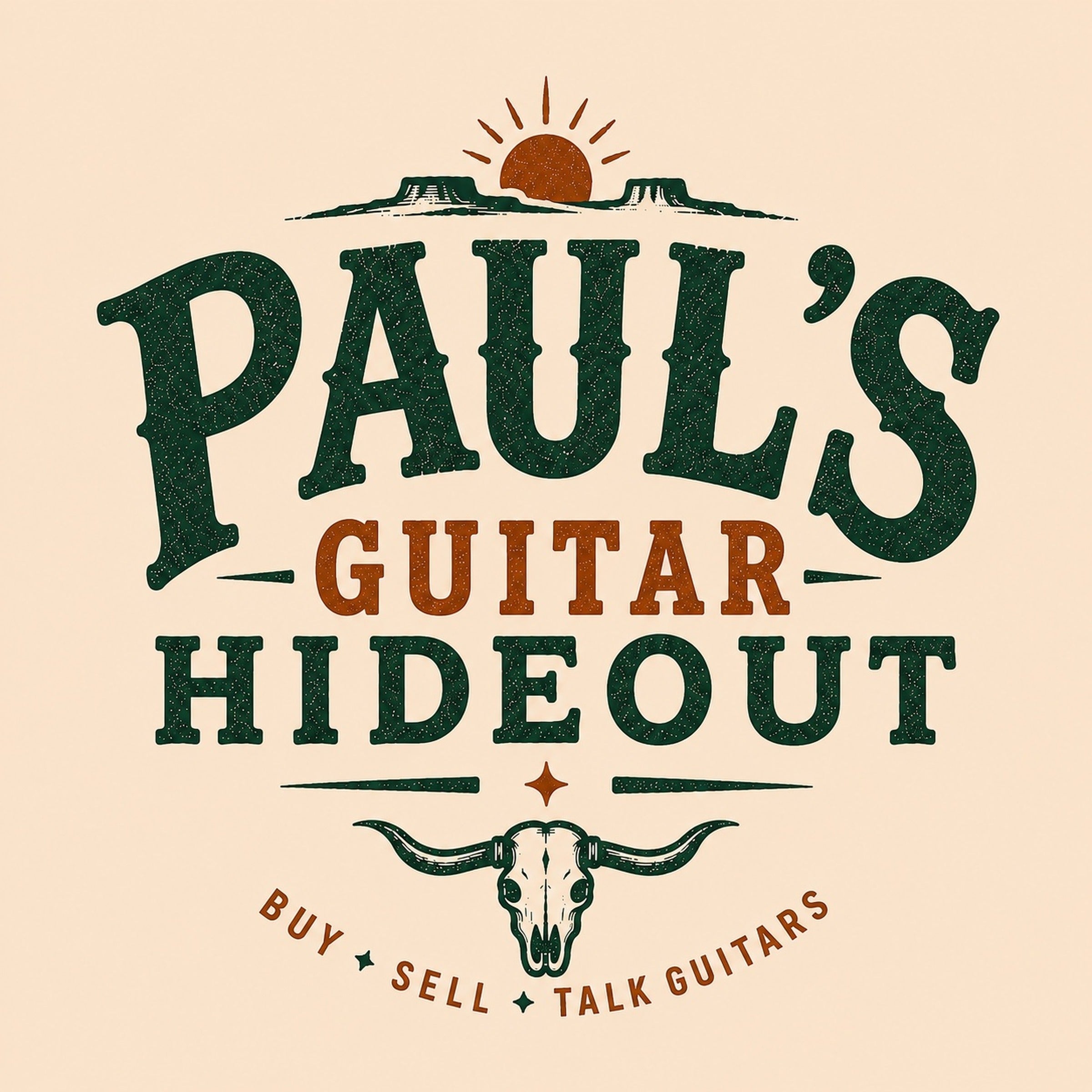 Paul's Guitar Hideout T-Shirt - the shop logo, mesa and setting sun over the wordmark with the longhorn skull, forest green and rust orange on cream