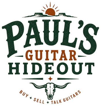 Paul's Guitar Hideout logo — mesa, setting sun, wordmark, longhorn skull, Buy Sell Talk Guitars — transparent background, forest green and rust