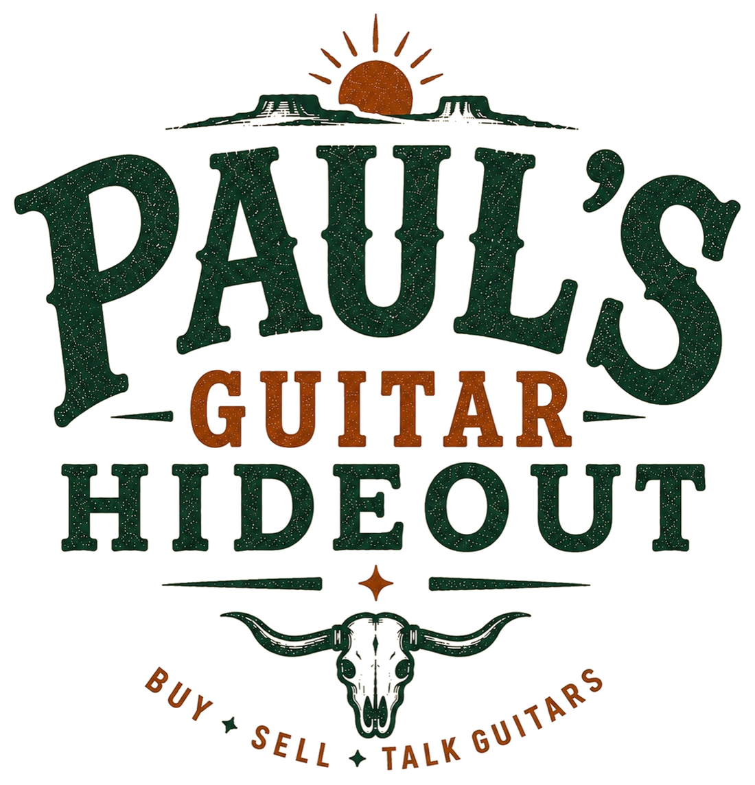 Paul's Guitar Hideout logo — mesa, setting sun, wordmark, longhorn skull, Buy Sell Talk Guitars — transparent background, forest green and rust