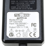 Pig Power PP12V spec label, 12V DC 1500mA with positive tip polarity diagram