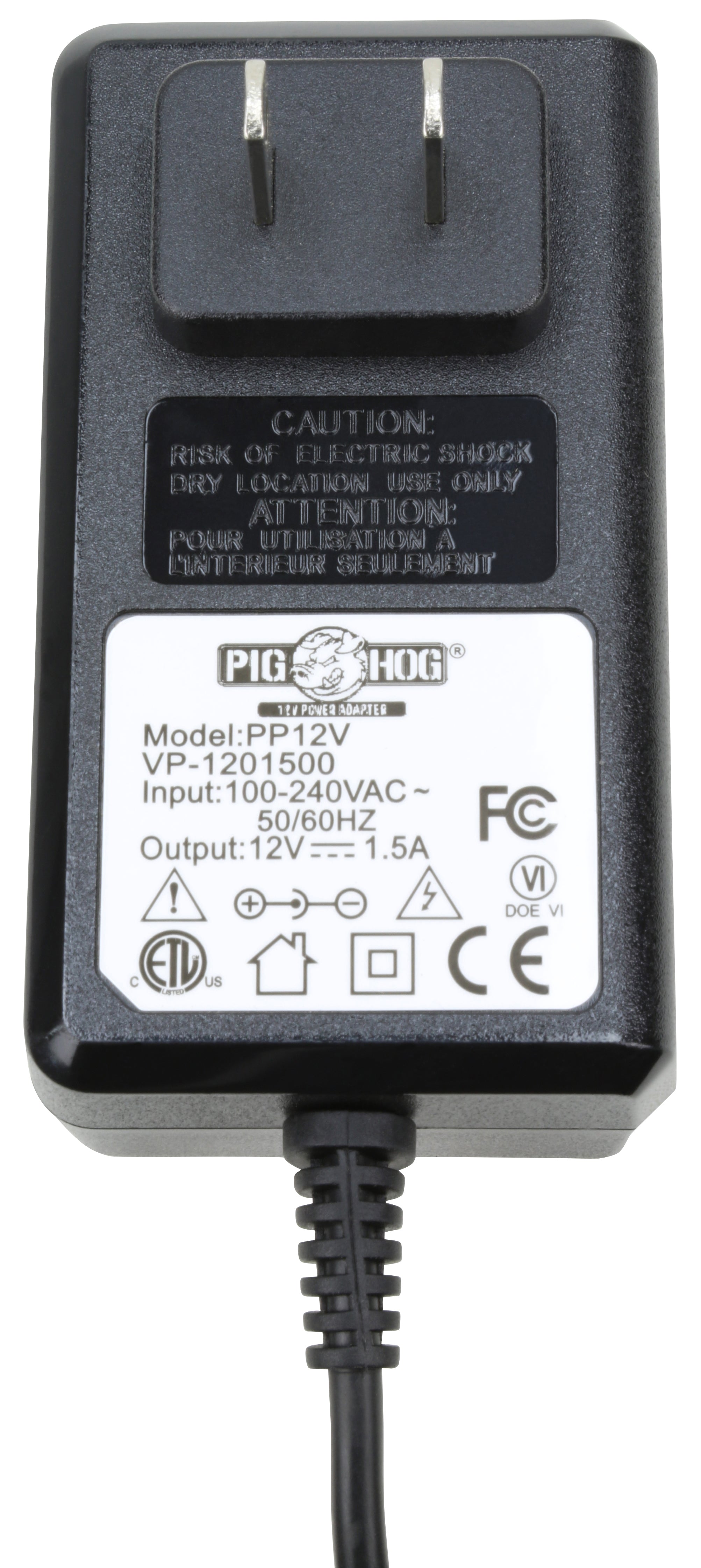 Pig Power PP12V spec label, 12V DC 1500mA with positive tip polarity diagram