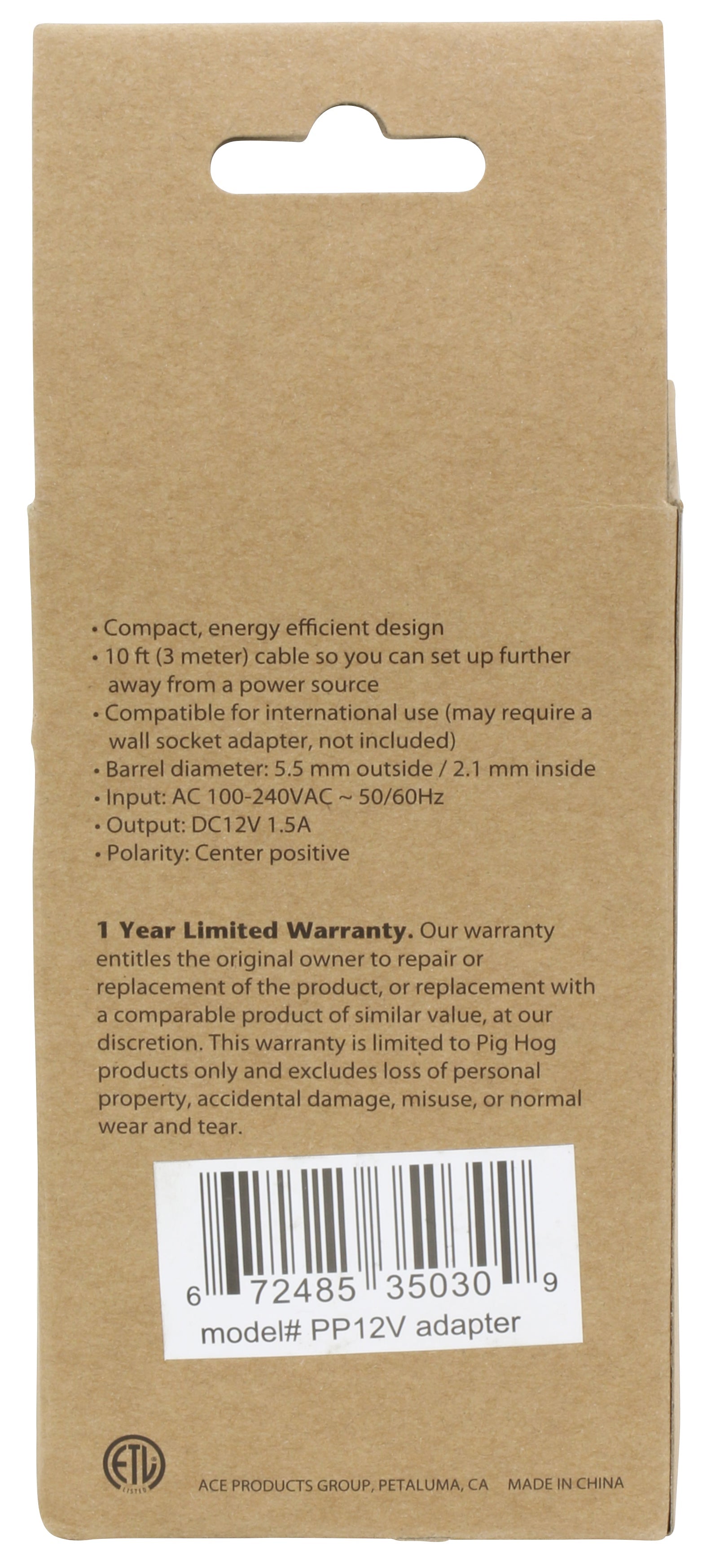 Pig Power PP12V retail box, back with specifications panel
