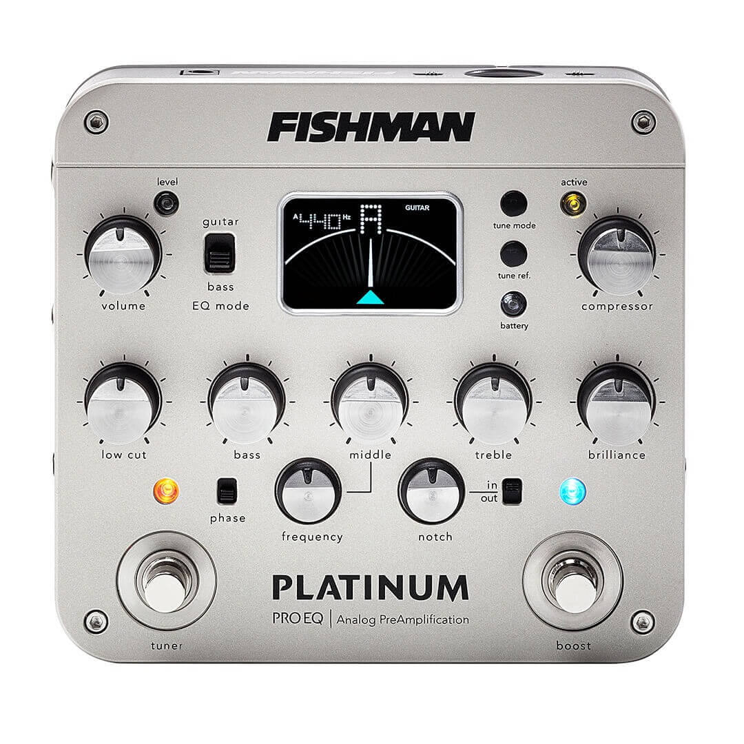 Fishman Platinum Pro EQ pedal, top view showing the five EQ sliders, notch filter and footswitches