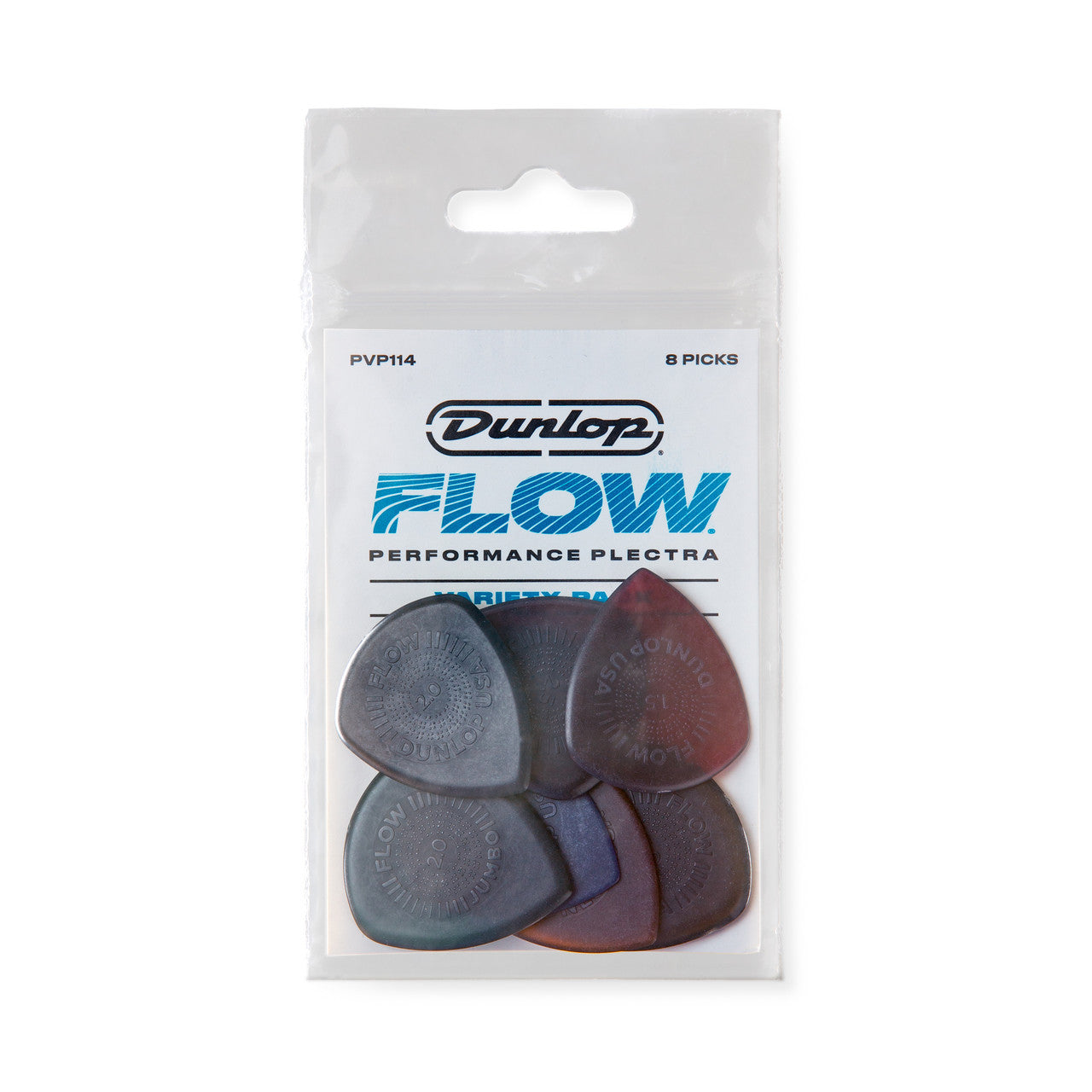 Dunlop PVP114 Flow pick variety pack with 8 sculpted picks across gauges