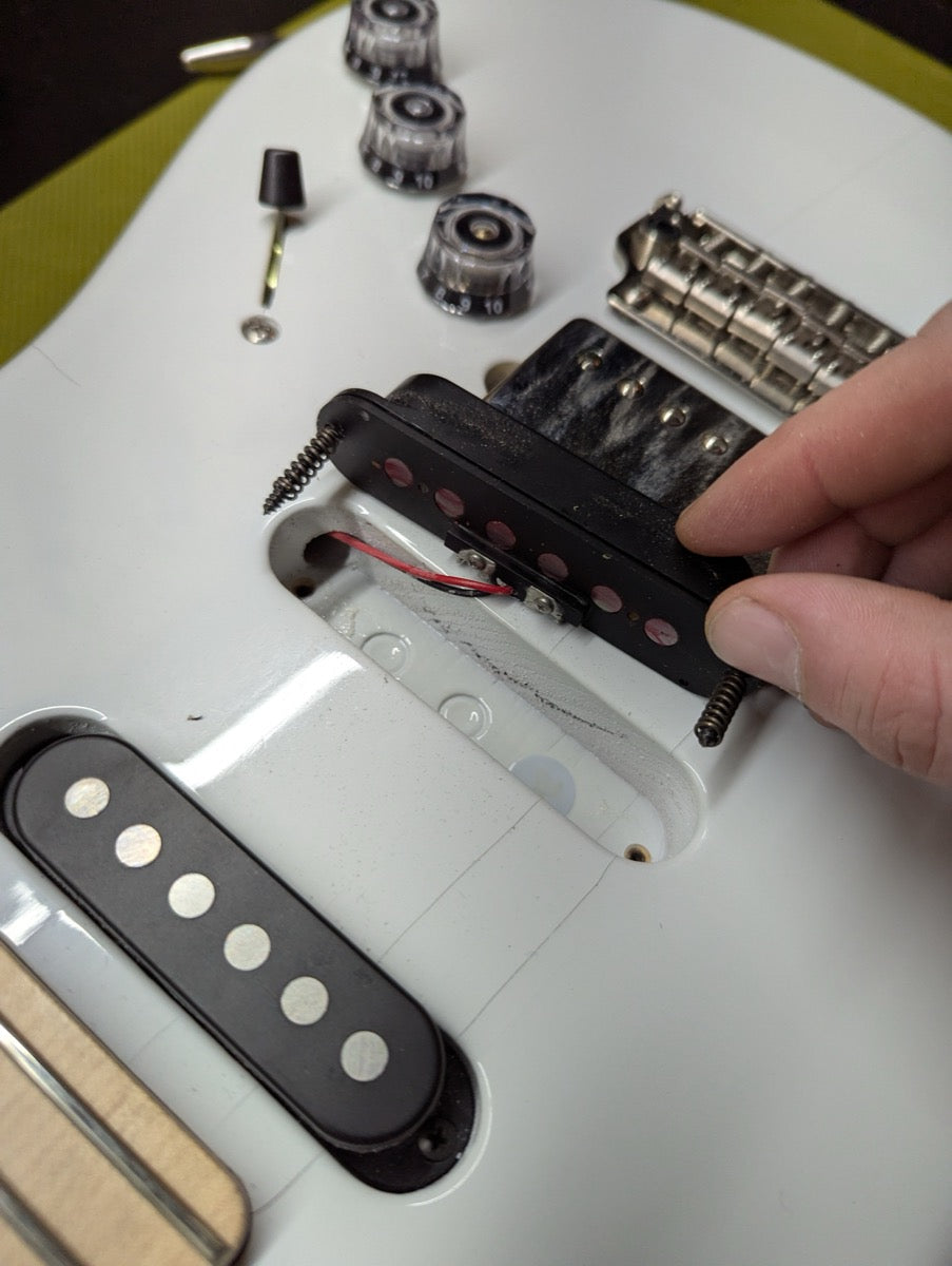 PRS Fiore Mark Lettieri — humbucker pickup detail with body cavity visible, Sugar Moon finish — Paul's Guitar Hideout, Glens Falls NY
