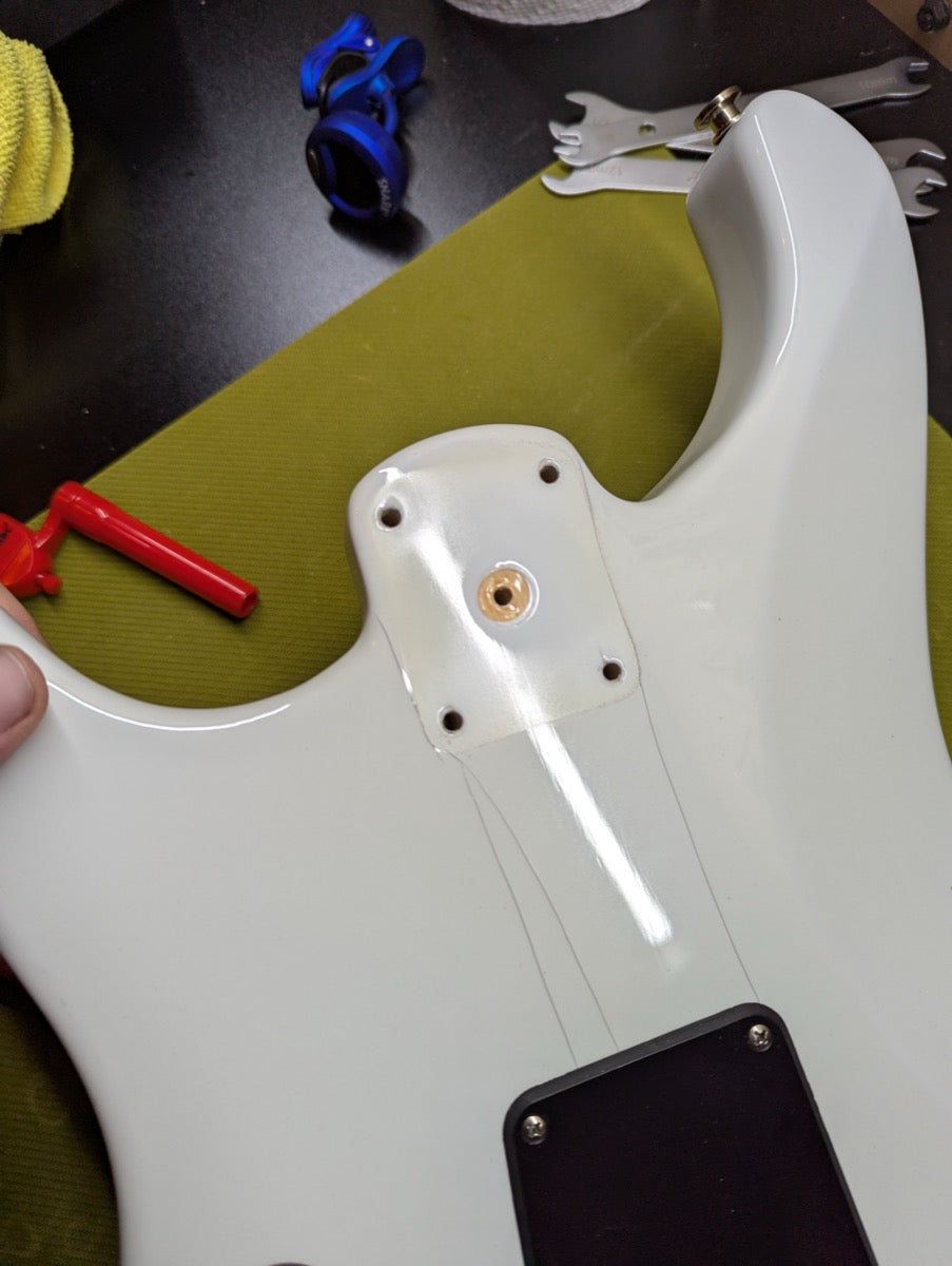PRS Fiore Mark Lettieri — back of body neck plate area, bare wood after disassembly — Paul's Guitar Hideout, Glens Falls NY
