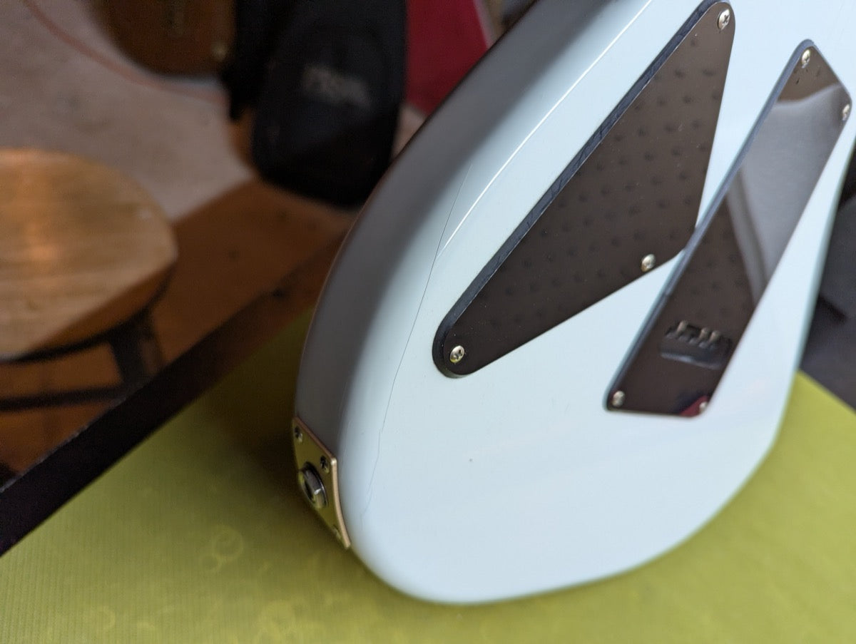 PRS Fiore Mark Lettieri Signature — headstock detail with custom Fiore truss rod cover — Paul's Guitar Hideout, Glens Falls NY