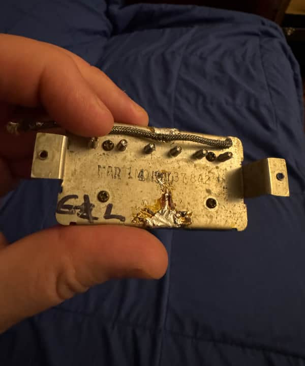70s Gibson T Top Pickup - baseplate back with date stamp and wiring - Pauls Guitar Hideout