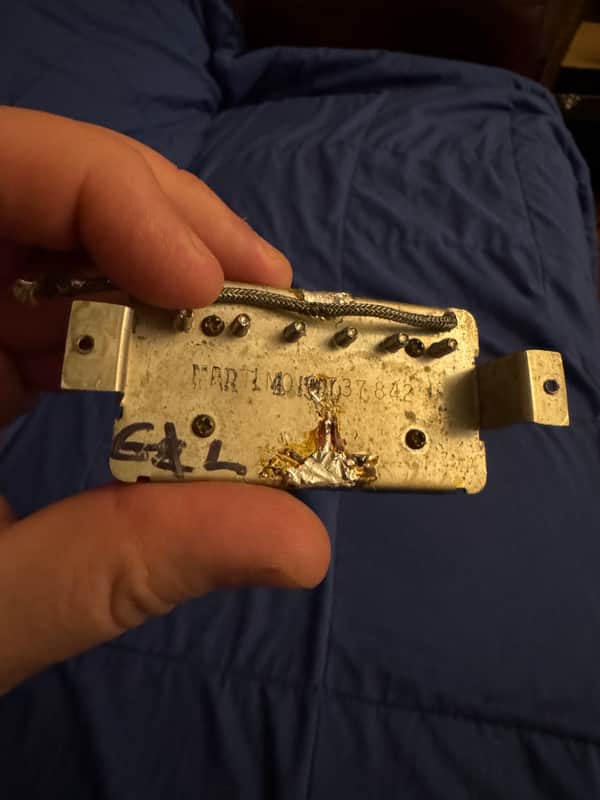 70s Gibson T Top Pickup - baseplate back with date stamp and wiring - Pauls Guitar Hideout