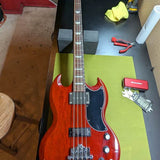 2019 Gibson SG Standard Bass - front full body on workbench - Pauls Guitar Hideout