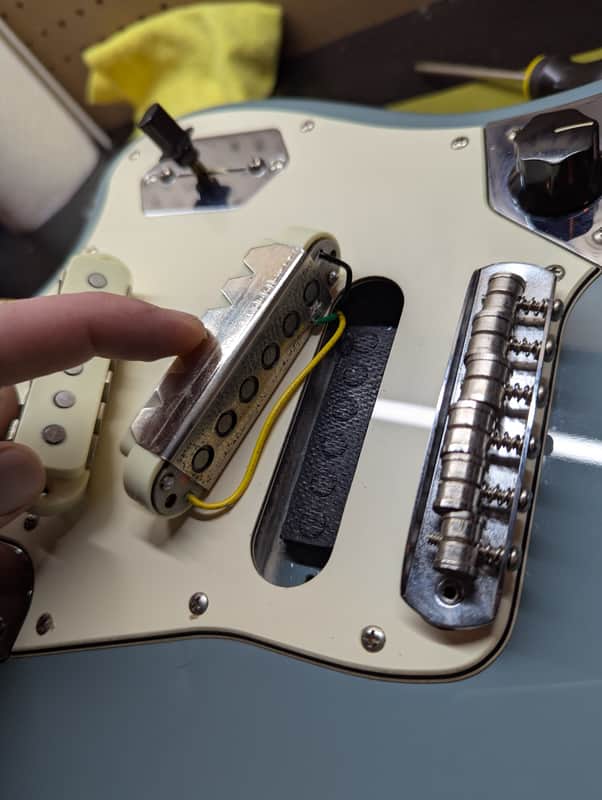 2017-2019 Fender American Professional Jaguar - bridge pickup underside and bridge - Pauls Guitar Hideout