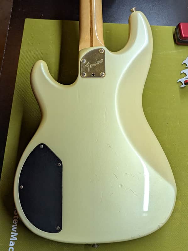 1989 Fender Precision Bass Lyte MIJ - body back with neck plate and cavity - Pauls Guitar Hideout