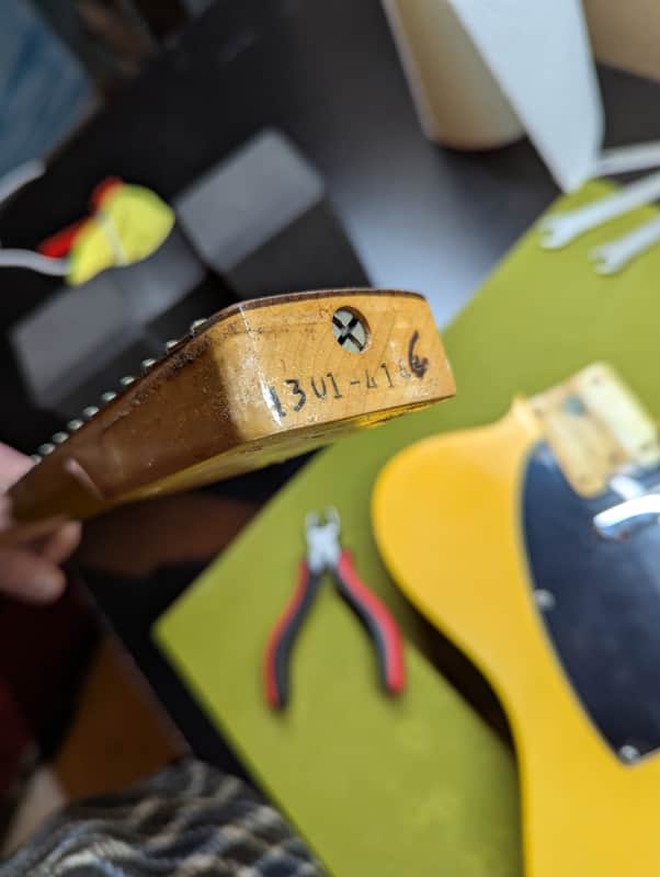 1975 Fender Telecaster - neck pocket date stamp angle view - Pauls Guitar Hideout