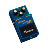 Boss BD-2W Blues Driver angled three-quarter view with the Waza Craft badge on the footswitch