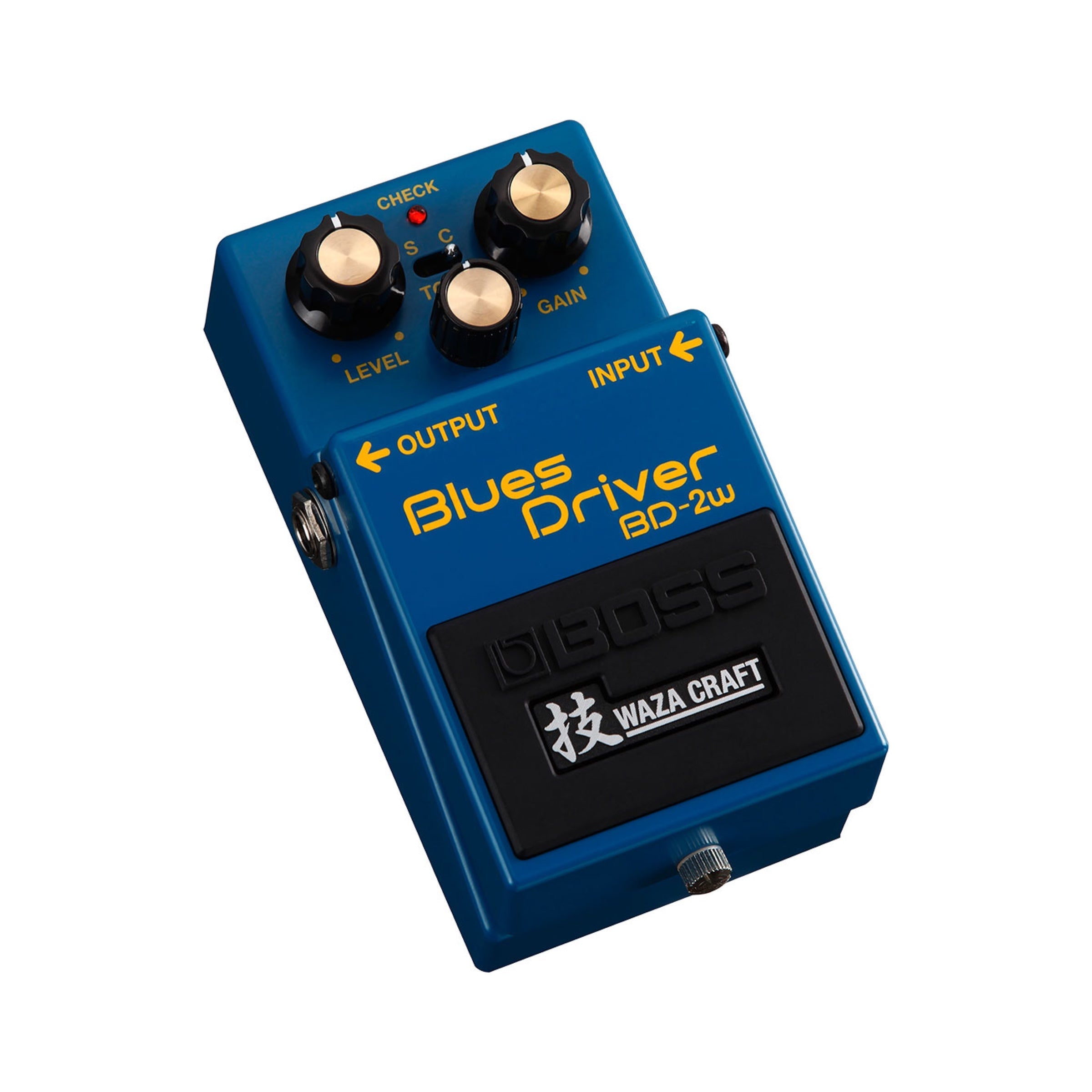 Boss BD-2W Blues Driver angled three-quarter view with the Waza Craft badge on the footswitch