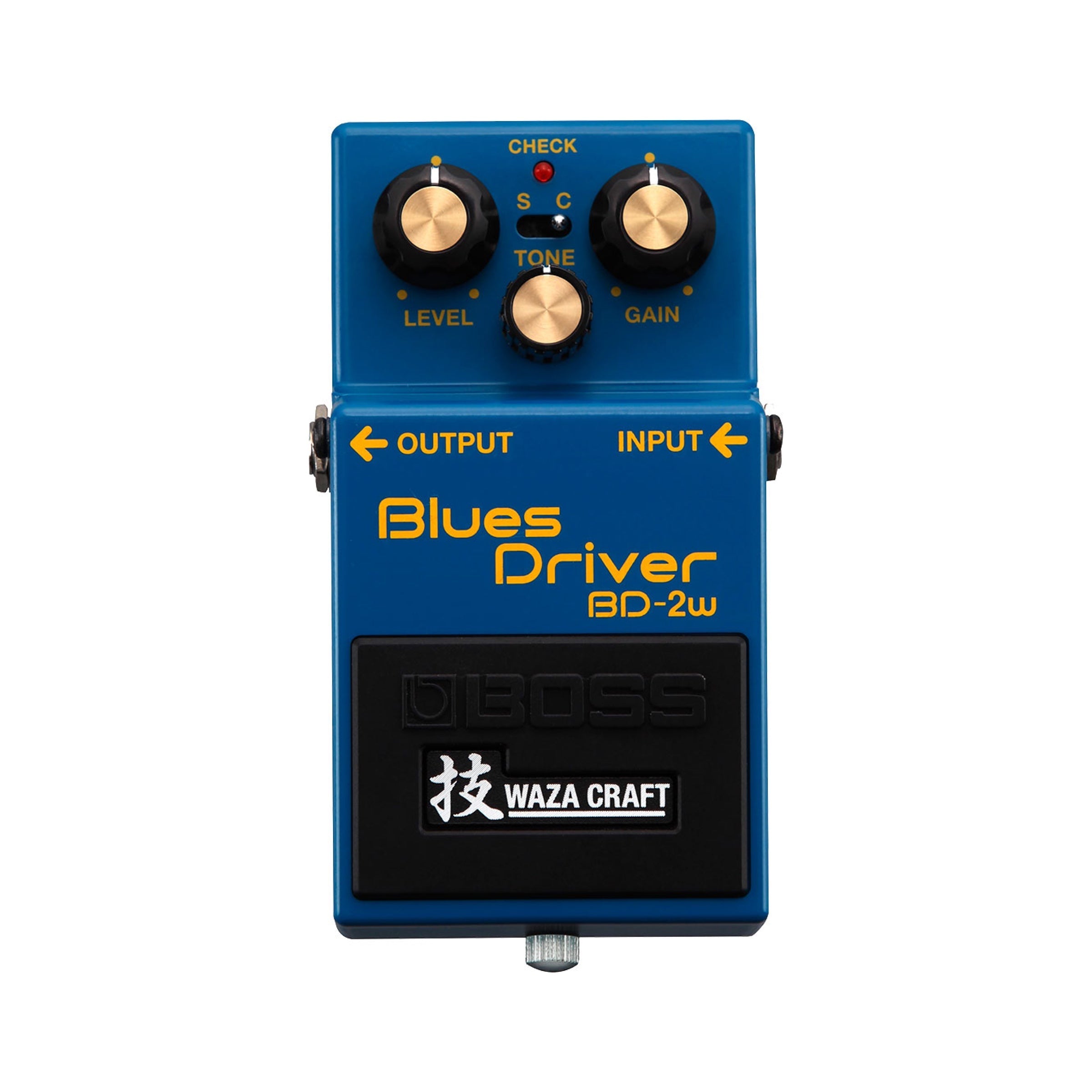 Boss BD-2W Waza Craft Blues Driver, blue enclosure, top view showing Level, Tone and Gain knobs and the Standard/Custom mode toggle