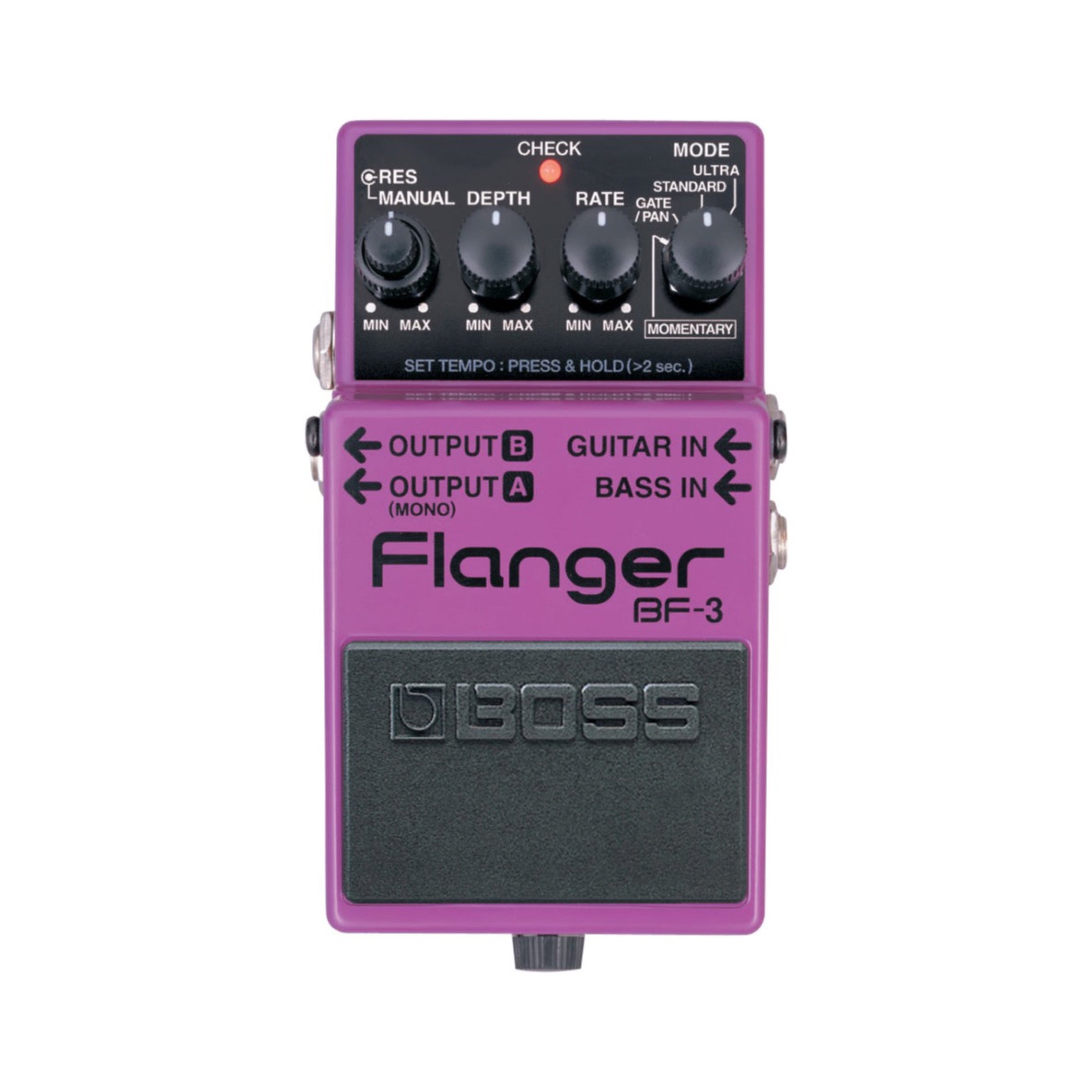 Boss BF-3 Flanger pedal, black enclosure with MODE, RATE, DEPTH, and RES/MANUAL knobs