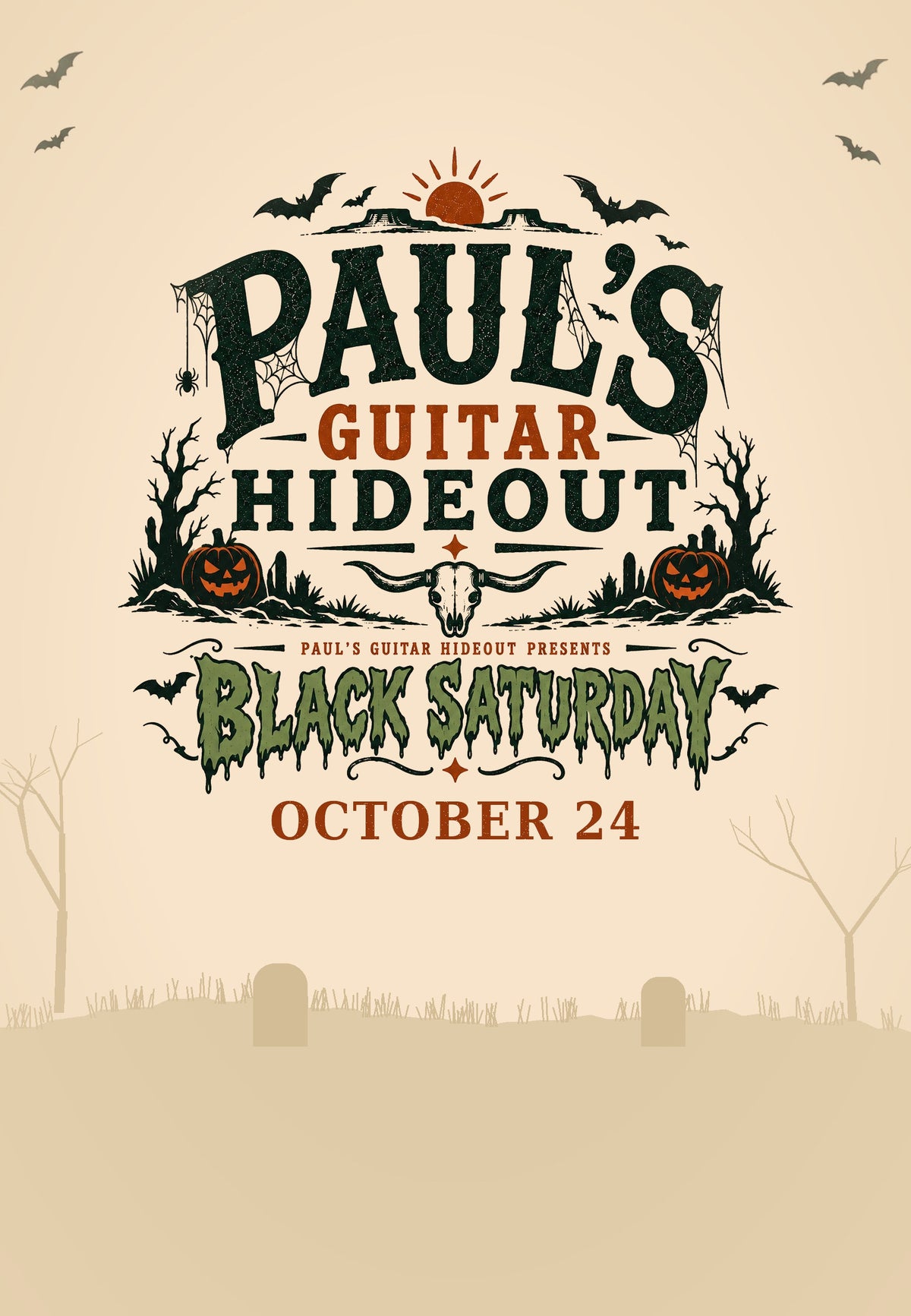 Black Saturday, October 24, at Paul's Guitar Hideout: the Halloween poster above a graveyard scene, phone version