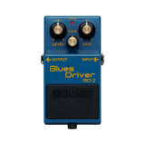 Boss BD-2 Blues Driver, blue enclosure, top view with the Level, Tone and Gain knobs and Check light