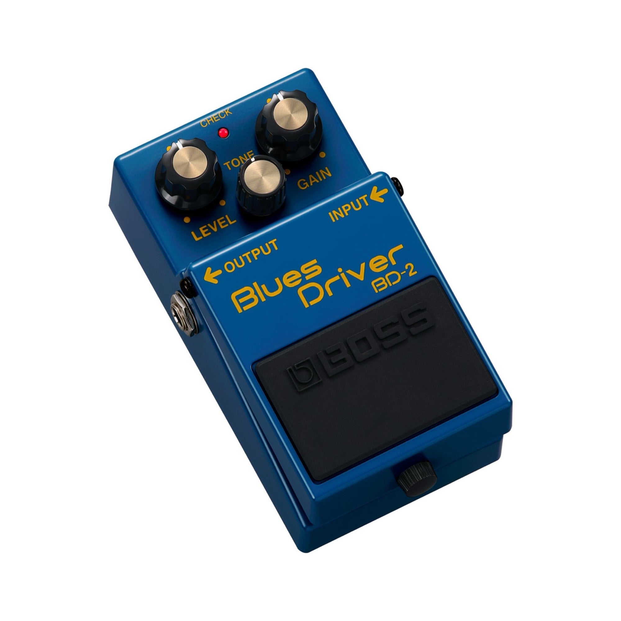 Boss BD-2 Blues Driver at an angle showing the knobs, pedal switch and the output jack on the side