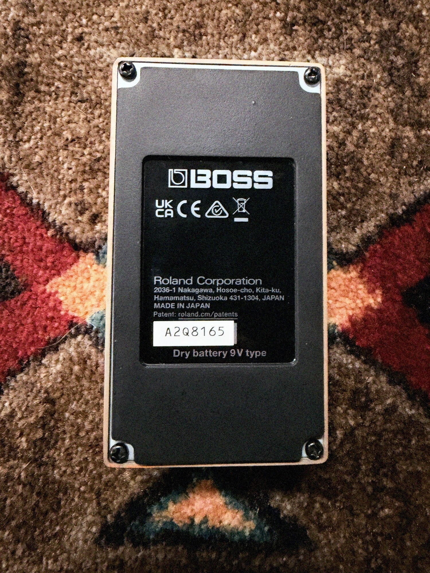 Boss DS-1W Waza Craft Distortion, orange: bottom with the Roland Corporation label, Made in Japan and serial sticker A2Q8165