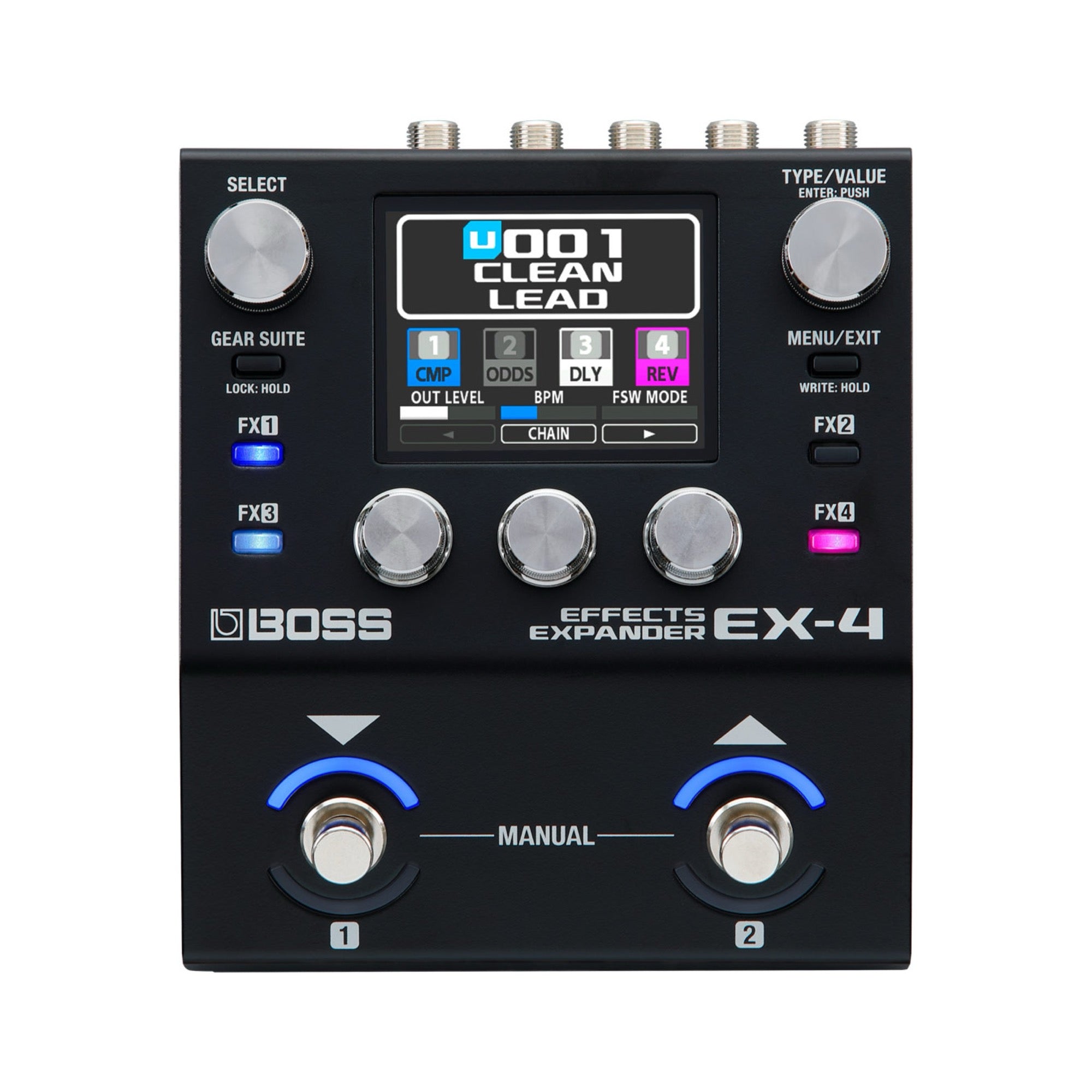 Boss EX-4 Effects Expander from above, color screen, three knobs, FX buttons and two footswitches