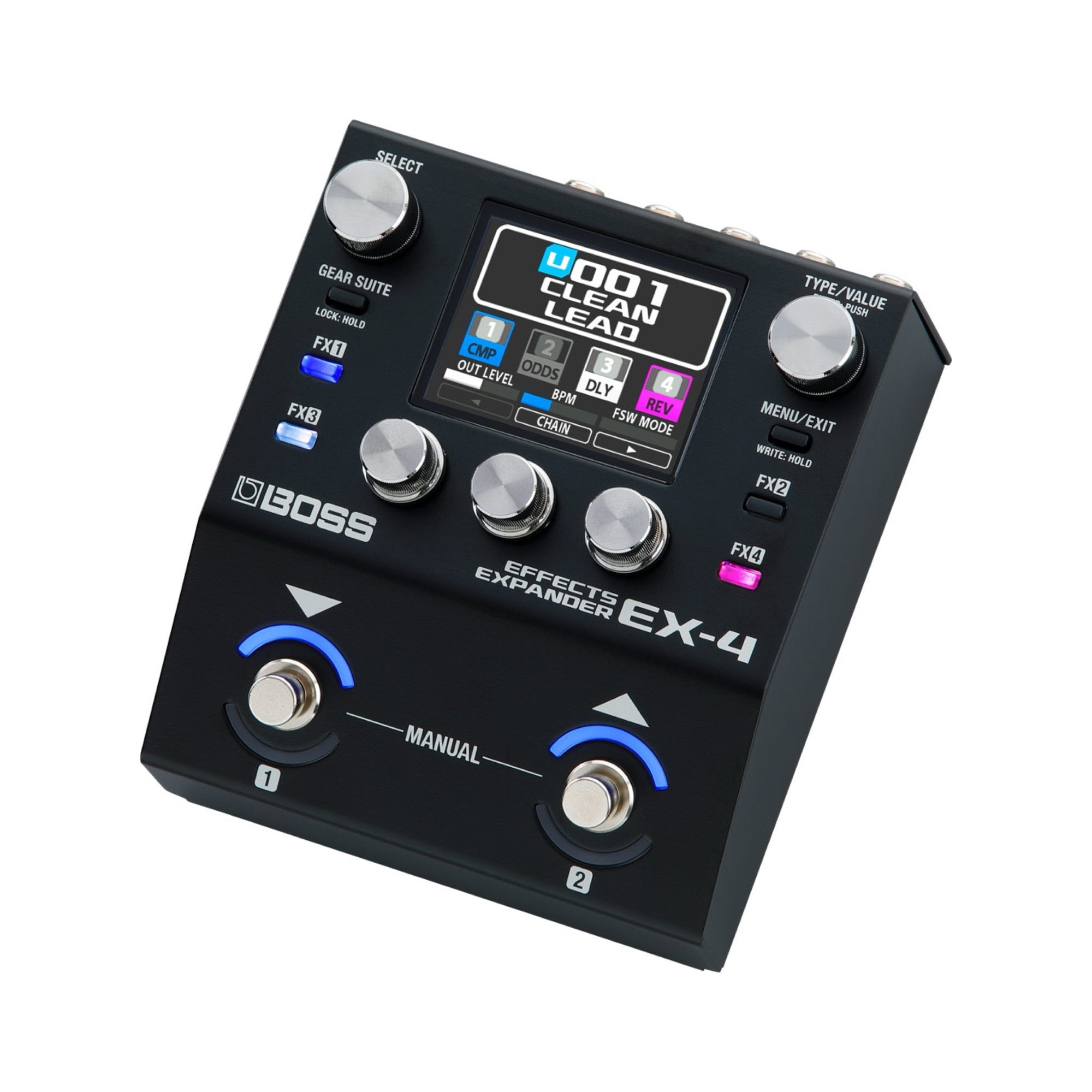 Boss EX-4 Effects Expander at an angle showing the lit FX buttons and blue footswitch rings