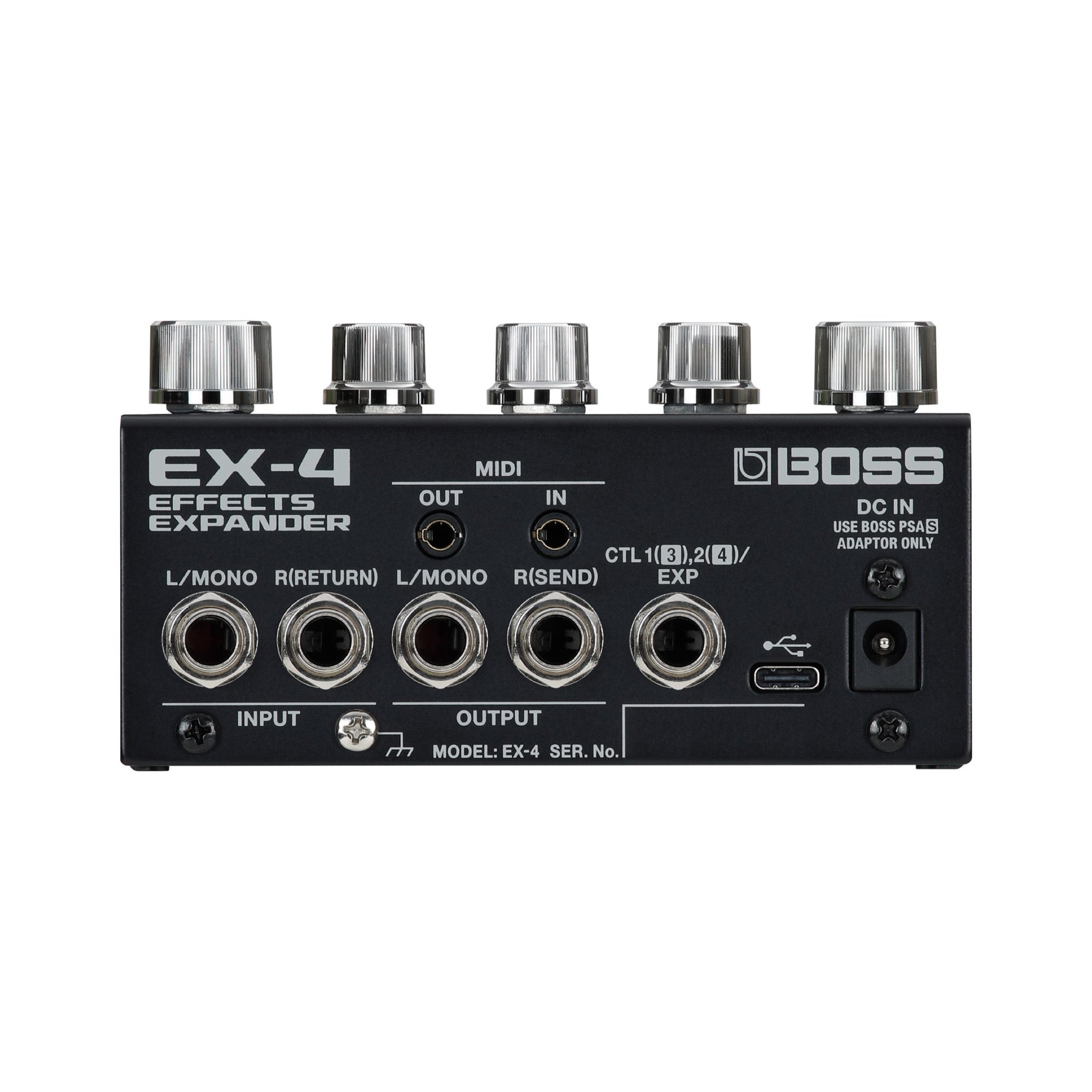 Boss EX-4 rear panel with stereo input and output, send and return, MIDI, control jack, USB-C and DC in