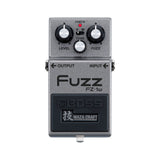 Boss FZ-1W Waza Craft Fuzz, gray enclosure, top view with the Level, Tone and Fuzz knobs and the V/M switch