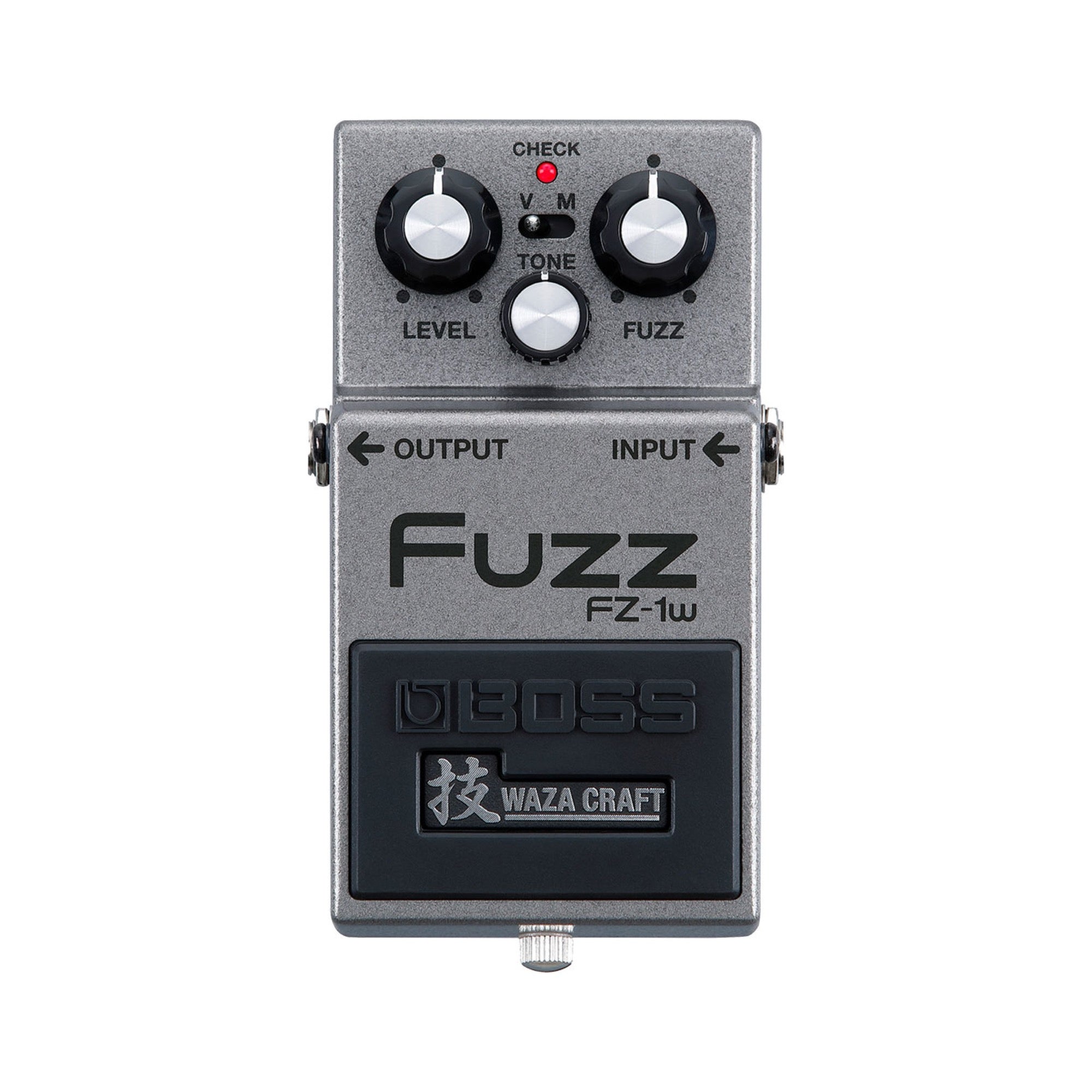 Boss FZ-1W Waza Craft Fuzz, gray enclosure, top view with the Level, Tone and Fuzz knobs and the V/M switch