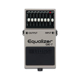 Boss GE-7 Equalizer, gray enclosure, top view with seven EQ sliders from 100 Hz to 6.4 kHz and the Level slider