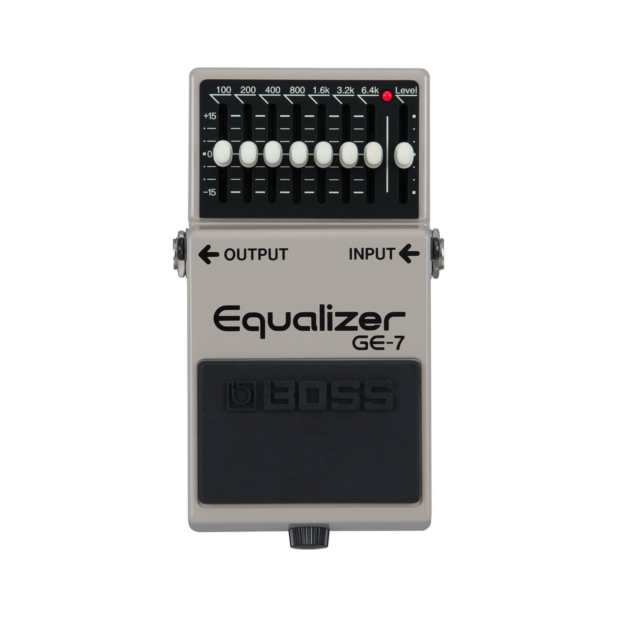 Boss GE-7 Equalizer, gray enclosure, top view with seven EQ sliders from 100 Hz to 6.4 kHz and the Level slider
