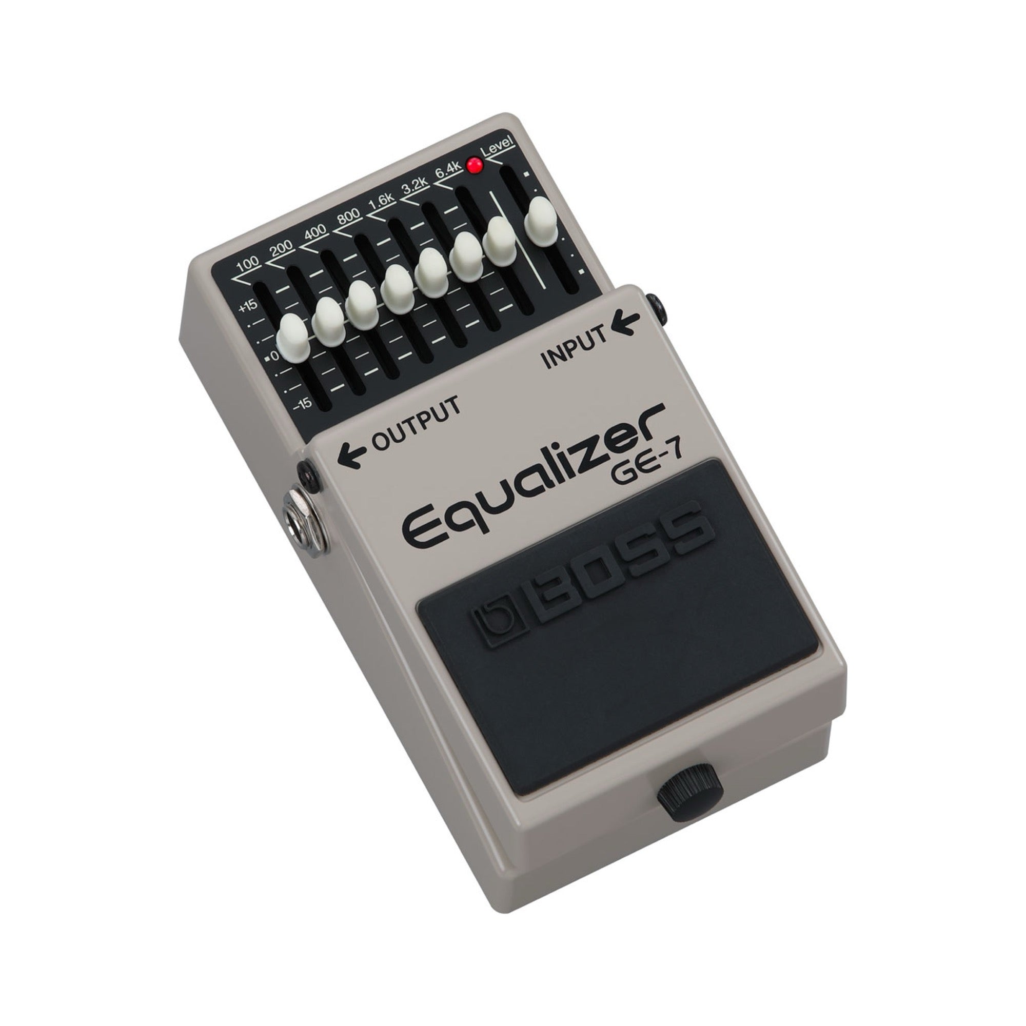 Boss GE-7 Equalizer at an angle, sliders set in a rising curve, output jack on the side