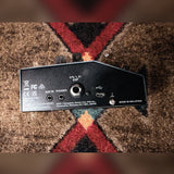 Boss IR-200 Amp & IR Cabinet, dark gray: left side with the Aux In, Phones, CTL 1,2/EXP and USB jacks and the Made in Malaysia print