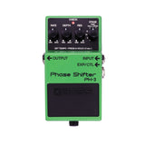 Boss PH-3 Phase Shifter, green enclosure, top view with the Rate, Depth and Res knobs and the Stage switch