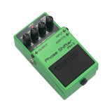 Boss PH-3 Phase Shifter at an angle showing the output jack side and the pedal thumbscrew