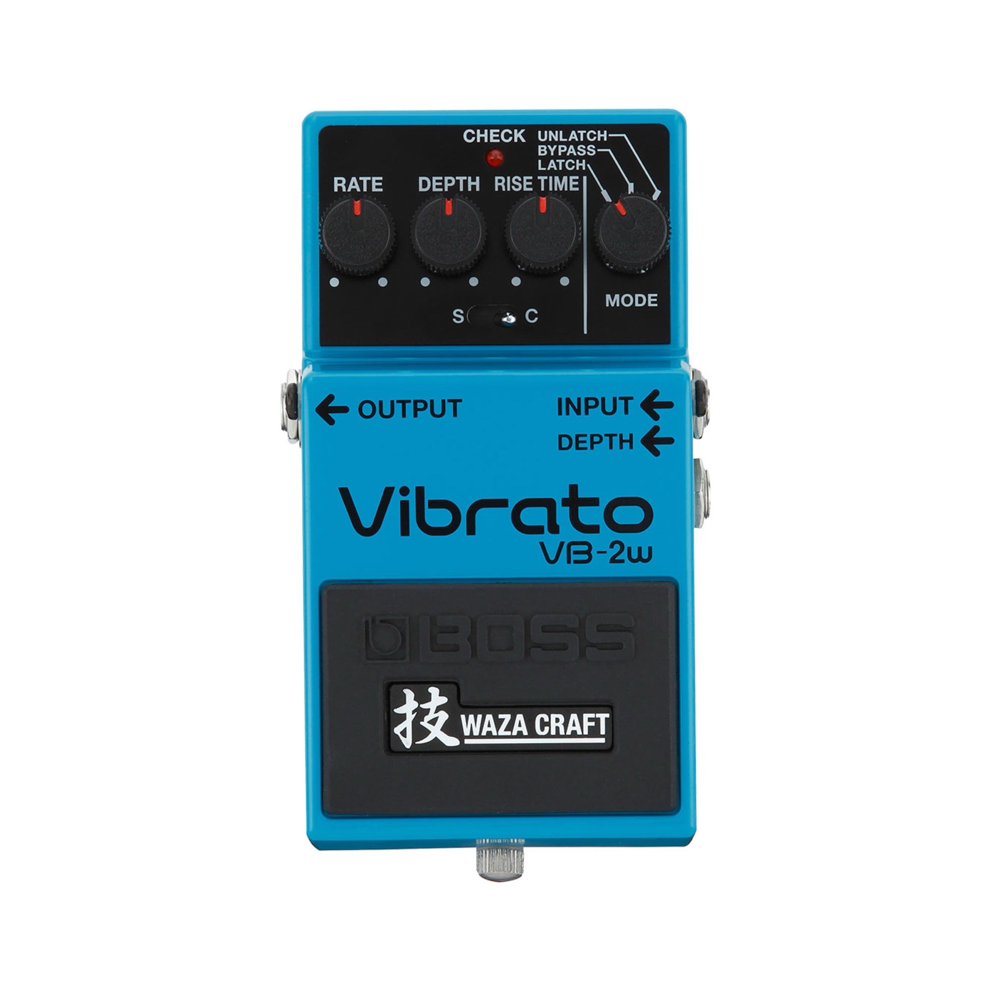 Boss VB-2W Waza Craft Vibrato, blue enclosure, top view with the Rate, Depth, Rise Time and Mode knobs and the S/C switch