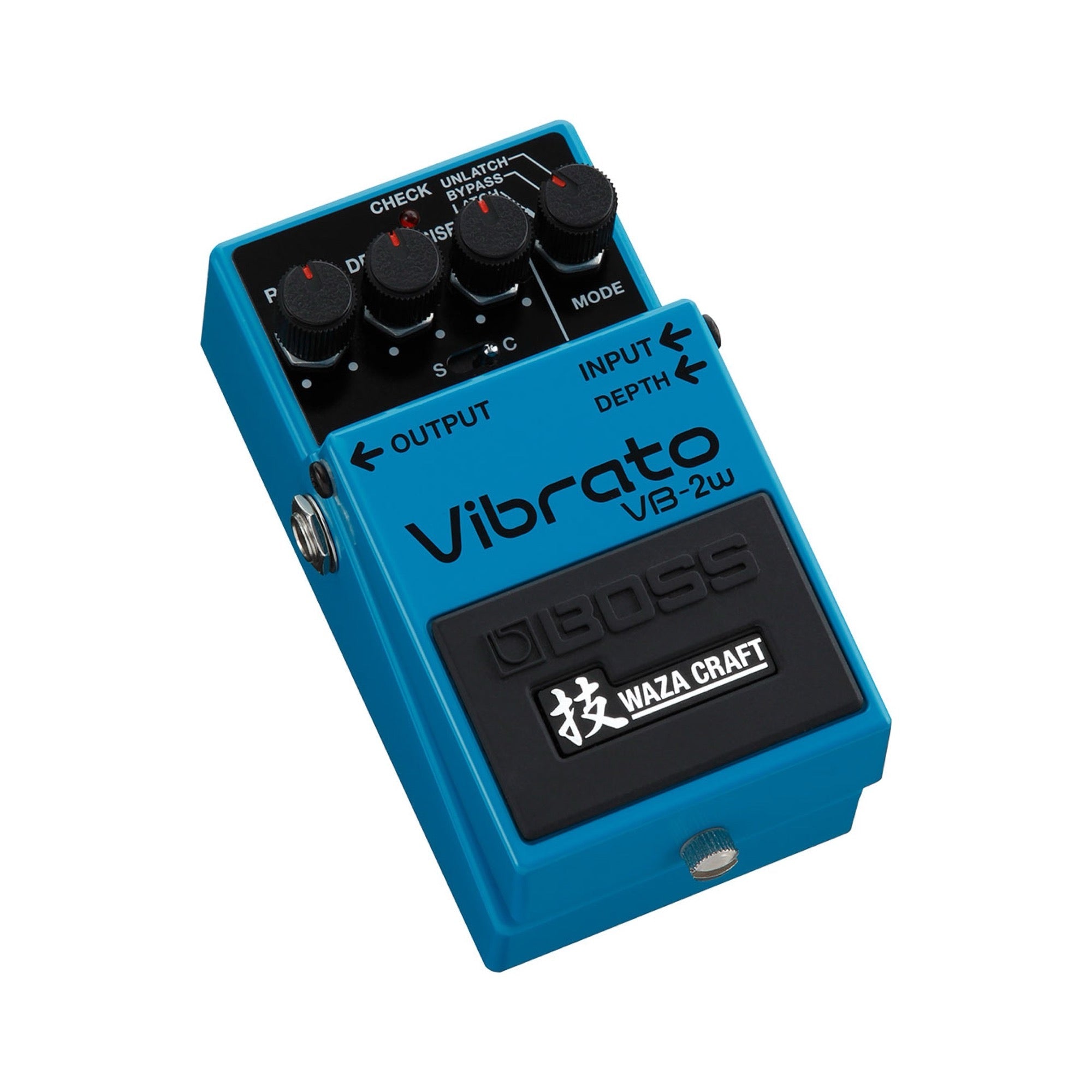Boss VB-2W Waza Craft Vibrato at an angle showing the output jack side and the Waza Craft pedal plate