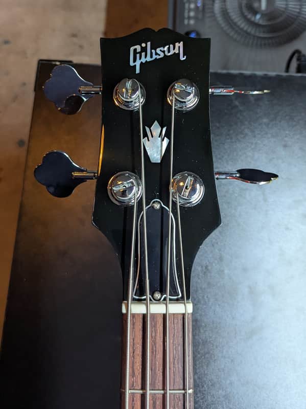 2019 Gibson SG Standard Bass - headstock front with Gibson logo - Pauls Guitar Hideout