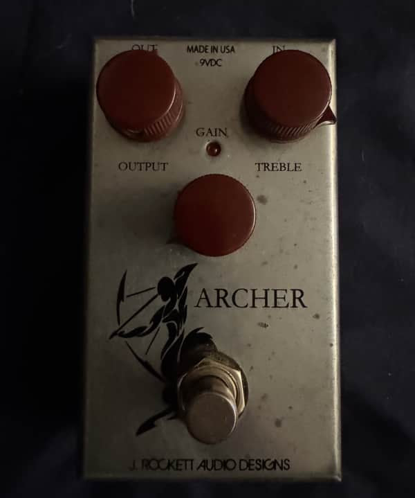 2010s J. Rockett Archer - top view with knobs and Archer artwork - Pauls Guitar Hideout