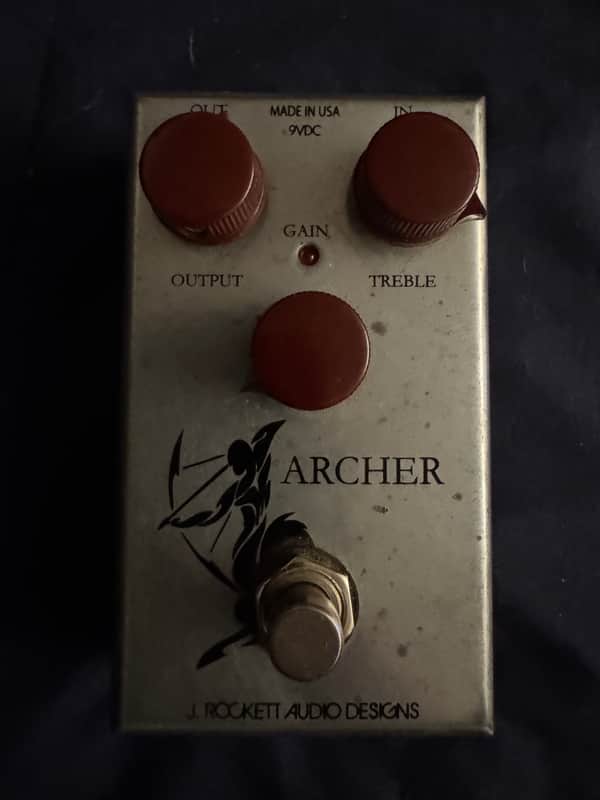 2010s J. Rockett Archer - top view with knobs and Archer artwork - Pauls Guitar Hideout