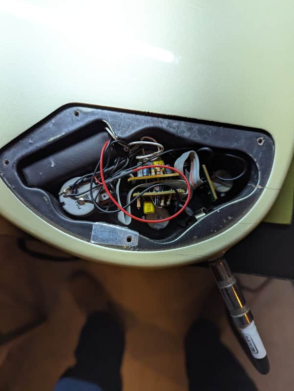 1989 Fender Precision Bass Lyte MIJ - electronics cavity with wiring - Pauls Guitar Hideout