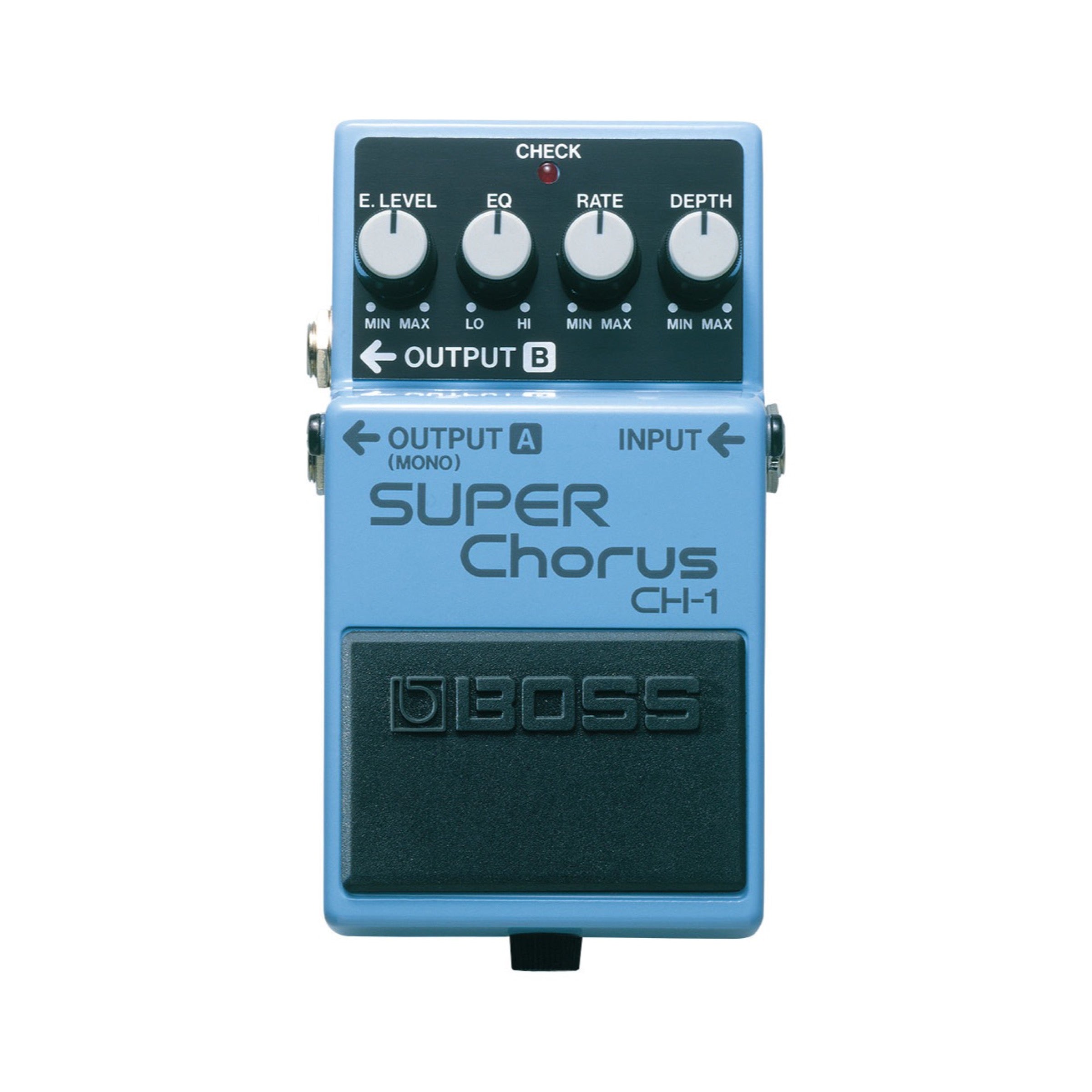 Boss CH-1 pedal, black enclosure with DEPTH, RATE, EQ, and E.LEVEL knobs