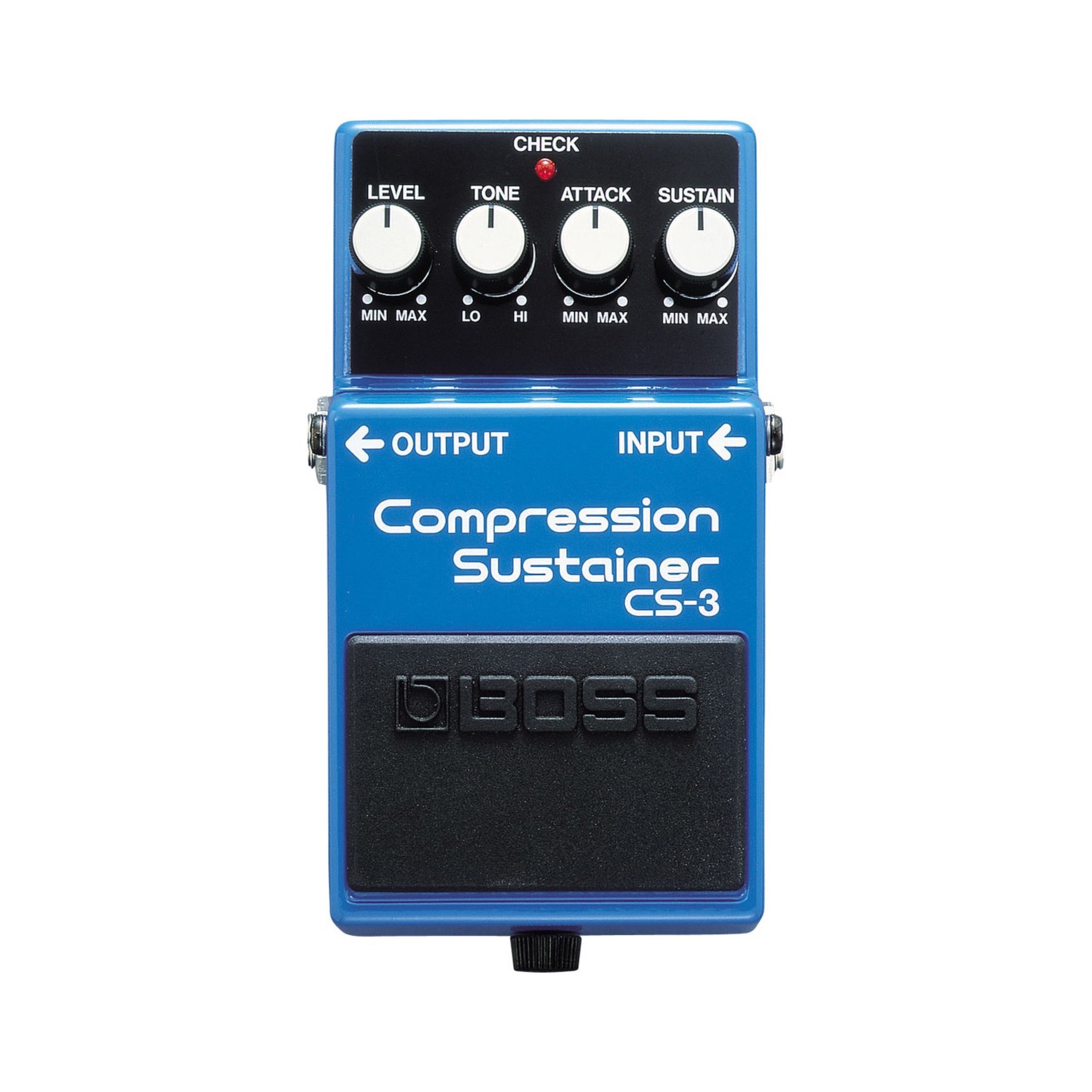 Boss CS-3 Compression Sustainer pedal, blue enclosure with SUSTAIN, ATTACK, TONE, and LEVEL knobs