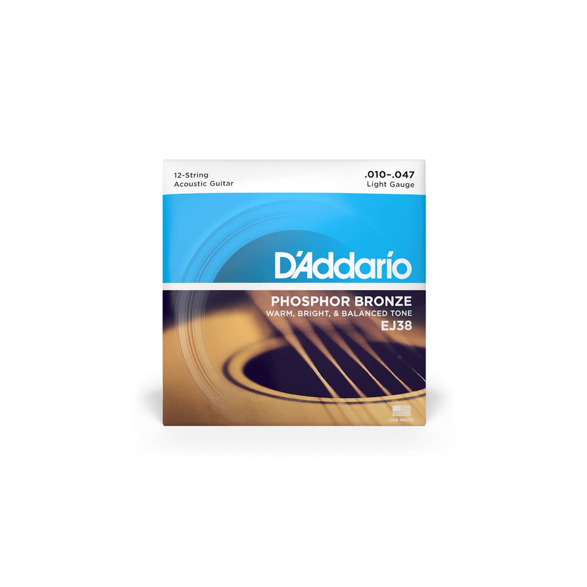 D'Addario EJ38 12-string phosphor bronze strings, package at an angle