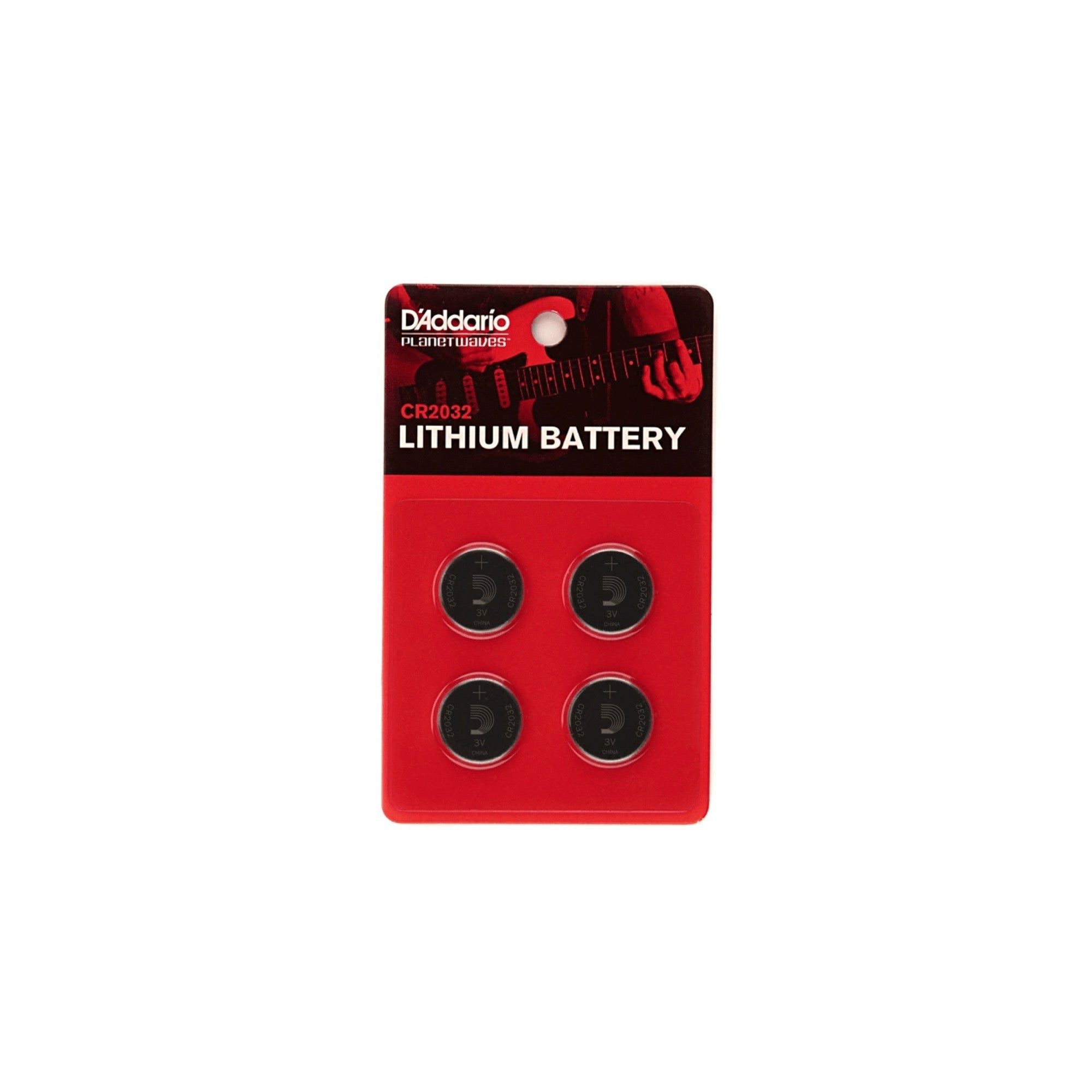 D'Addario CR2032 lithium battery four-pack on its blister card