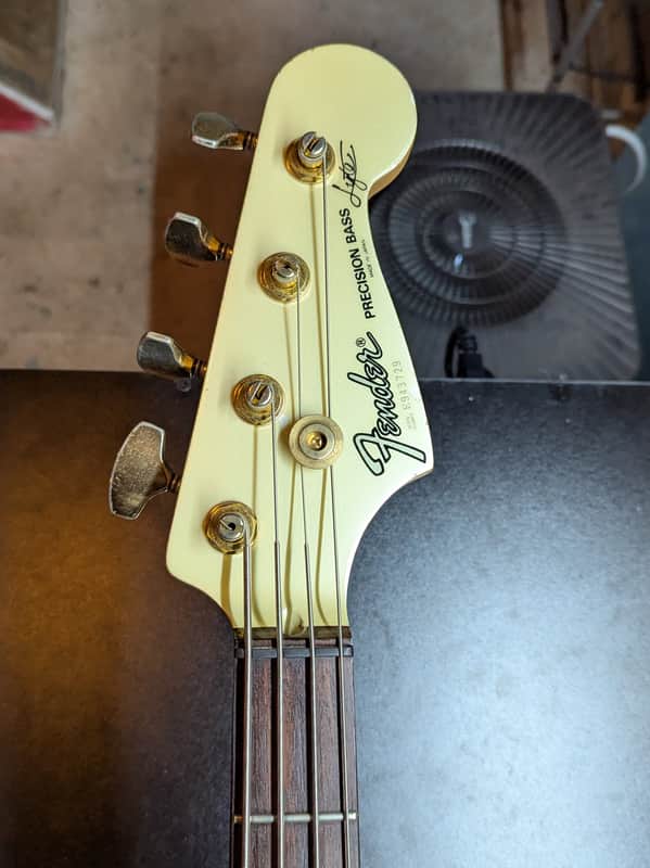 1989 Fender Precision Bass Lyte MIJ - headstock front with Fender logo - Pauls Guitar Hideout