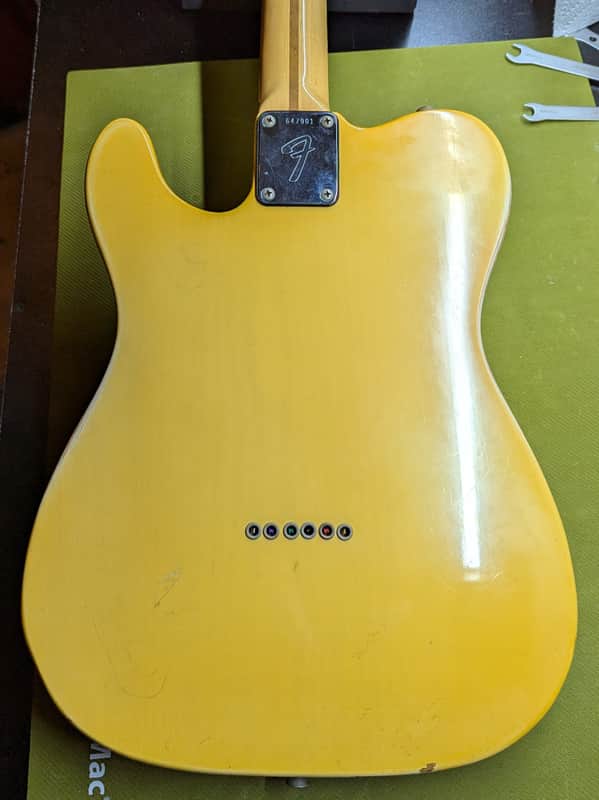 1975 Fender Telecaster - body back close-up with neck plate - Pauls Guitar Hideout